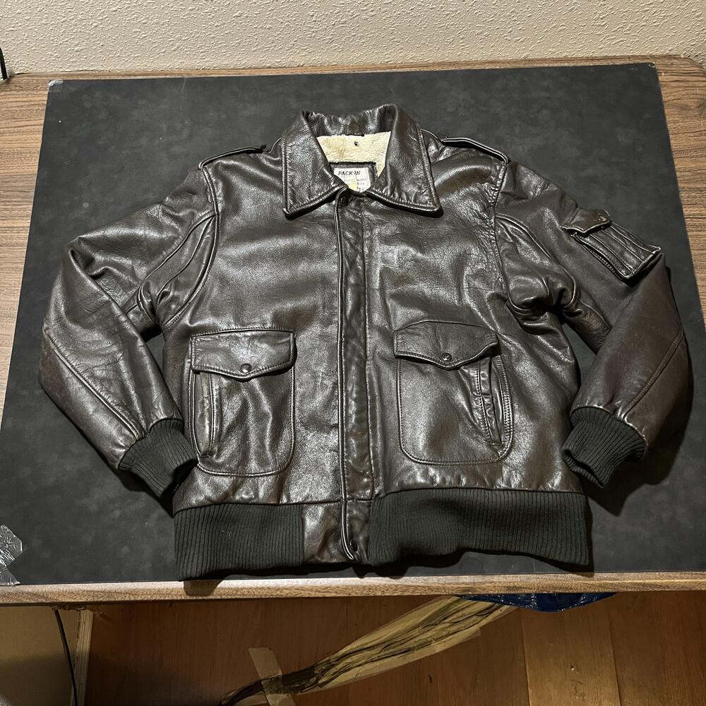 Vintage A-2 Flight Jacket Men 70s 44 Brown Genuine Leather Bomber Top Gun Lined